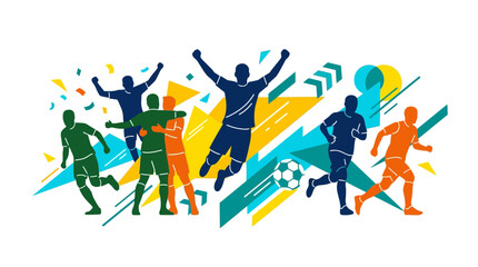 Abstract illustration of soccer players celebrating a goal with dynamic movement. © Andi Pratama Wijaya