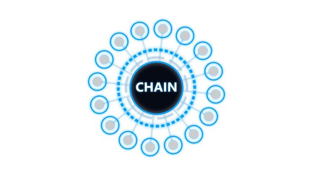 Blockchain network diagram with a central chain hub and connected nodes on white bg.