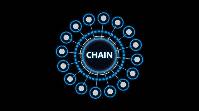 Blockchain network technology concept with blue glowing hud interface on dark screen