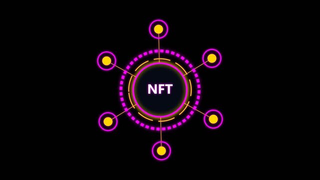 nft blockchain technology with glowing neon hud elements on a solid black background