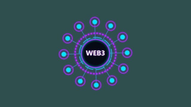 Web3 decentralized network icon spinning with glowing nodes on a dark background art