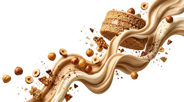 A symphony of gourmet dessert elements light and dark cream swirls blending with textured cake fragments and scattering roasted hazelnuts, evoking a sense of decadent flavor explosion