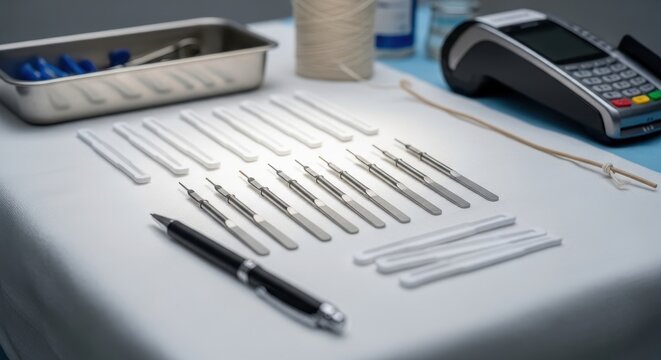 Collection of Sterile Single-Use Medical Instruments Laid Out for Application and Treatment