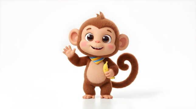 Cute 3D animated cartoon monkey waving hand and holding banana on white background
