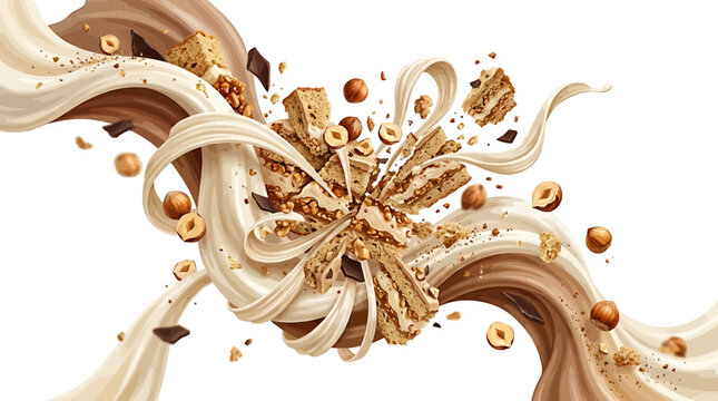 Delicious explosion of chocolate, cream, nuts, and cake crumbs in a dynamic swirl
