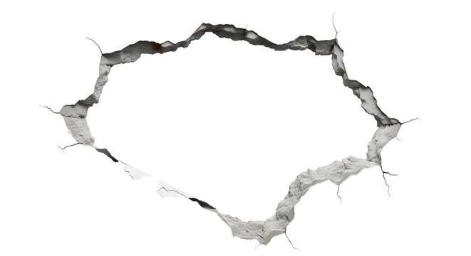 Concrete wall break through with cracked edges isolated on white background