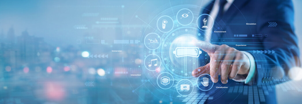 Creative designer. Multimedia software developer touching AR & VR virtual screen to build highly immersive corporate simulation environments and interactive 3D spaces. Next-gen experience.