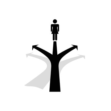 Person icon standing on a three-way fork, representing important decisions and divergent paths on an isolated white background, symbolizing strategic planning.