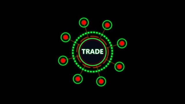 Trade digital hud interface with rotating green and red elements on black background