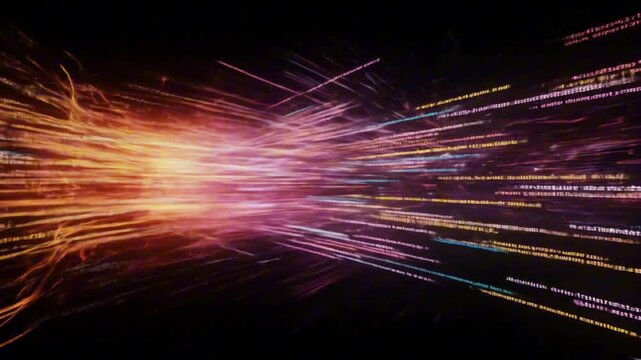 A vibrant converging array of light streaks intersects with lines resembling faded code all set against a dark background