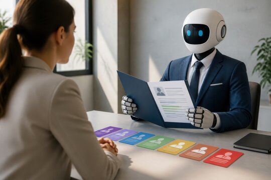 Humanoid robot in business suit conducting an interview across a desk with a woman in a modern office