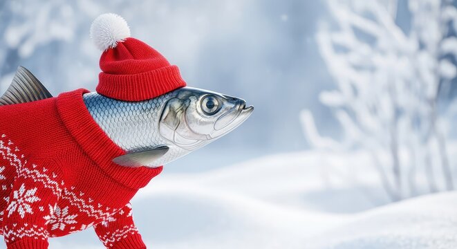 A whimsical silver herring fish wearing a festive red knit holiday sweater and a matching beanie hat against a blurred winter background, joy, animal, illustration