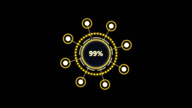 Circular hud loading interface with ninety nine percent progress on black background