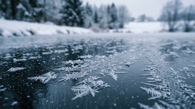Delicate Frost Crystals Forming on a Frozen Water Surface in a Winter Landscape