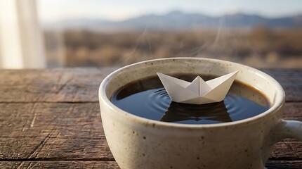 Naklejka premium Cangkir kopi dengan kapal kertas kecil di atas permukaan air, suasana santai dan ide kreatif di pagi hari