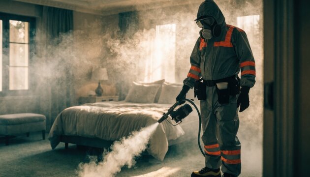 Hotel room thermal fogging process with technician applying smoke neutralizer fogger in sharp focus while bed and furniture softly blurred behind.