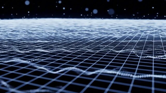 An abstract grid pattern with wavelike distortions and floating particles set against a dark background