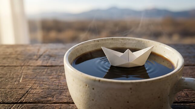 Cangkir kopi dengan kapal kertas kecil di atas permukaan air, suasana santai dan ide kreatif di pagi hari