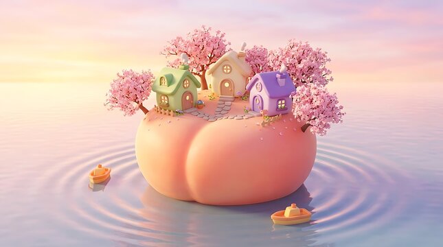 Ilustrasi pulau kecil imut dengan rumah warna pastel dan pohon bunga sakura di tengah danau saat matahari terbenam