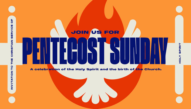 Pentecost sunday banner with dove in flame. Invitation the christian service of pentecost with Holy Spirit and text. Vector illustration