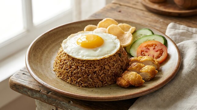 Nasi goreng dengan telur ceplok, ayam goreng renyah, irisan timun dan tomat segar serta kerupuk di piring keramik