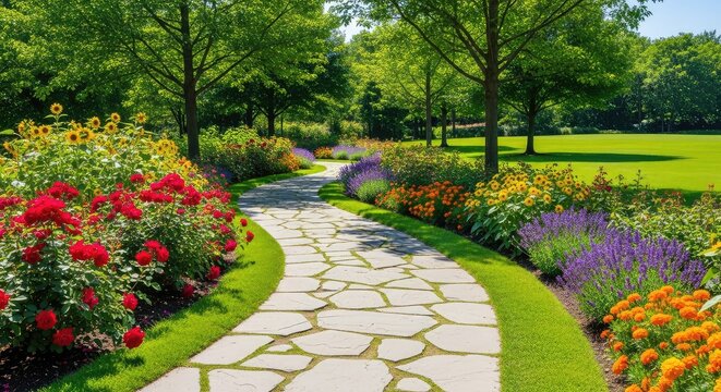 A winding stone path meanders through a lush green park filled with towering deciduous trees and vibrant summer flower beds under sunlight, trees, soil, adventure
