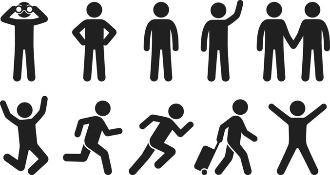 Stick figures, people icons, human silhouettes, black, vector graphics, 10 elements