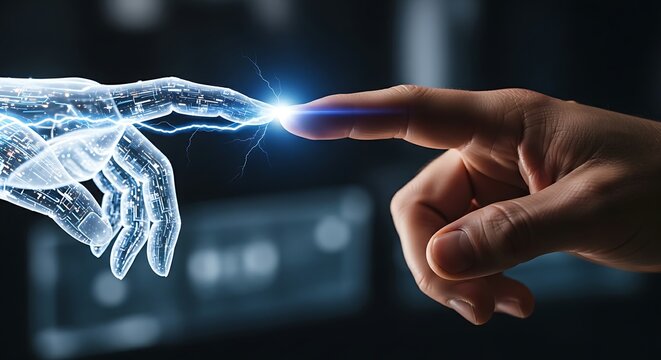 Human-technology connection. Close-up of a human hand touching the fingertip of a holographic 'robotic hand', with an arc of electricity connecting them.