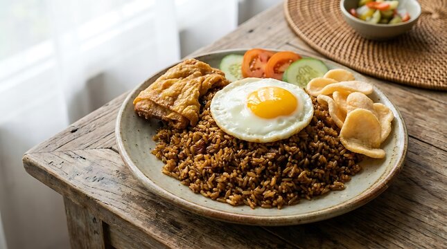 Nasi goreng spesial dengan telur mata sapi, ayam goreng renyah, dan pelengkap segar di piring saji kayu untuk santapan lezat sehari-hari