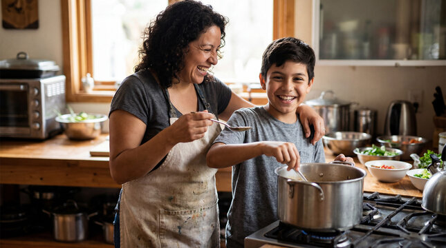 Parents Day mother teenage son cooking together in kitchen for family celebration greeting cards social media motherhood bonding quality time marketing materials