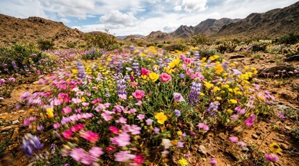 Obraz premium Vibrant Desert Wildflower Bloom in Spring Against Mountain Landscape