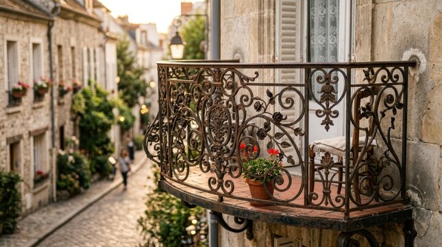 Ornate wrought iron balcony overlooking a charming European street with old architecture and distant people walking, bathed in soft evening sunlight.