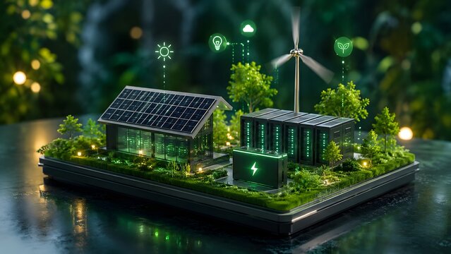 Conceptual diorama of a sustainable smart microgrid combining solar panels wind turbines and green data center servers with digital icons