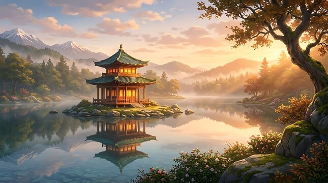 Pemandangan Pagoda Tradisional Jepang di Tengah Danau Saat Matahari Terbit Dengan Pegunungan dan Alam Sekitarnya yang Tenang