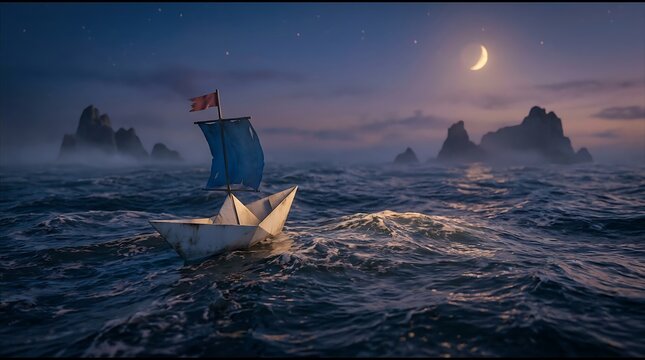 Perahu Kertas dengan Layar Biru Mengapung di Laut Saat Senja dan Bulan Sabit Terbit di Langit