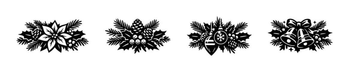 Fototapeta premium Festive Christmas garland elements with poinsettia, pine cones, and bells