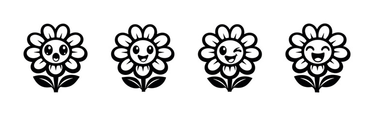 Fototapeta premium Cute cartoon flower characters with different happy expressions and emotions