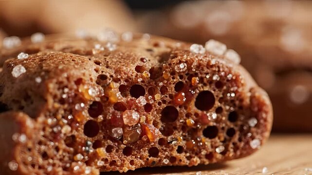 Close up of a porous chocolate cookie with sugar crystals.