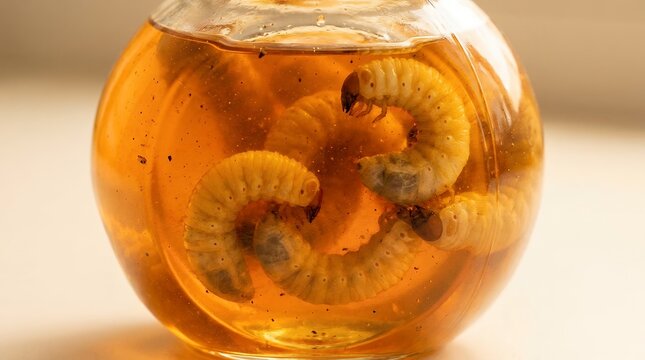 Four creamy white grubs submerged in golden amber liquid within a clear glass jar showcasing their segmented bodies and dark heads 169 characters larvae insect food exotic