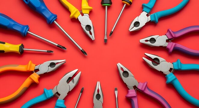 Hand tools including pliers and screwdrivers are arranged in a circular pattern on a solid red background.