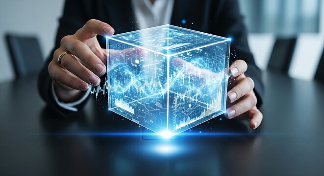 Transparency in business concept. An executive's hands turn an 'opaque cube' hologram into a transparent 'glass cube', revealing its contents.