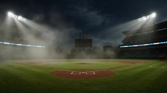 Empty baseball field at night.