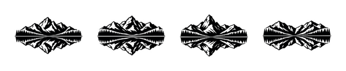 Fototapeta premium Symmetrical mountain range with reflection and pine trees in a minimalist black and white style