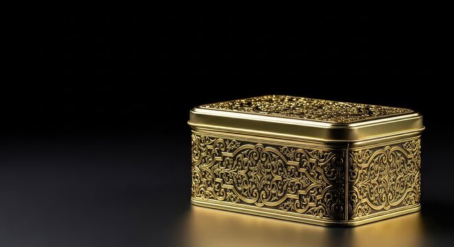 An ornate rectangular metal tin container featuring gold filigree patterns sits against a solid dark backdrop with soft studio lighting, design, filigree, sophisticated