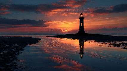 Fototapeta premium Lighthouse at sunset with reflection.