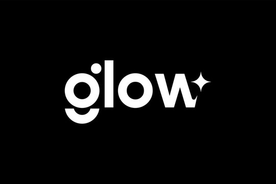 Glow wordmark design displays clean rounded white letters paired with a sharp four-pointed star icon situated on a stark black monochromatic background.