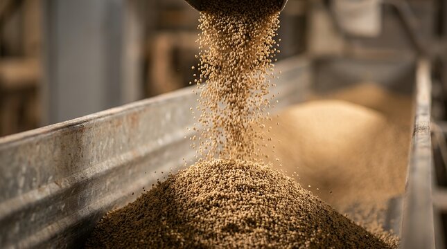 Small granular feed pellets pour from a metal chute into a large industrial trough creating a growing pile of animal feed grain agriculture livestock production bulk commodity