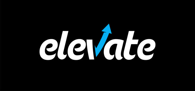 Elevate logo utilizes a vibrant blue arrow pointing upwards to replace the letter v within the bold white text on a black background.