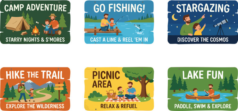 Camp adventure starry nights and smores with tent and fire vector art