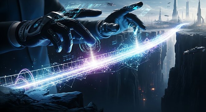 Bridge to the future concept. A professional's hands build a holographic 'bridge of light' over a chasm, connecting the 'present' to the 'future'.